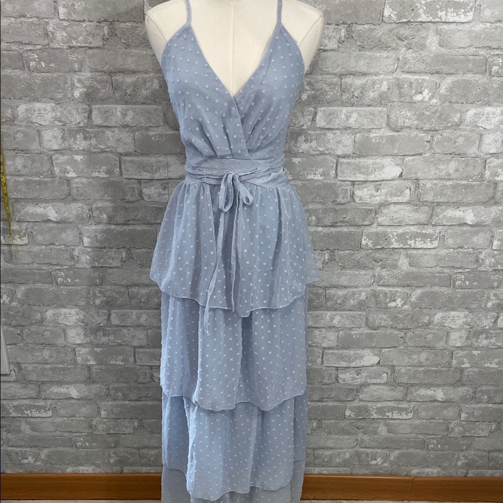 Simplee Apparel Light Blue Polka Dot Tiered Maxi Dress